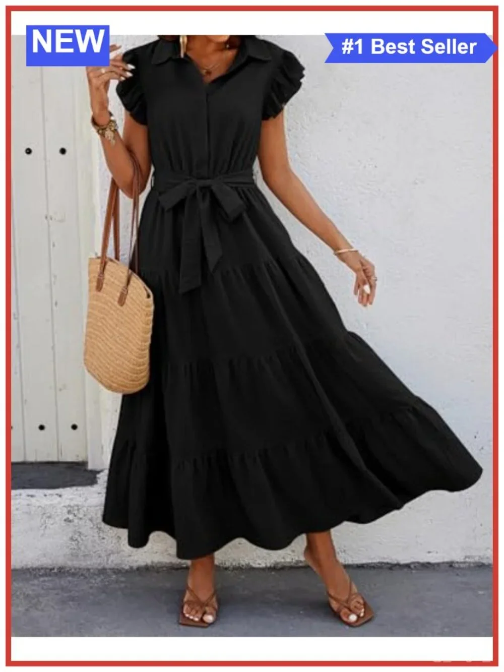 Women's Ruffle Sleeve Boho Maxi Dress with Pockets Belted